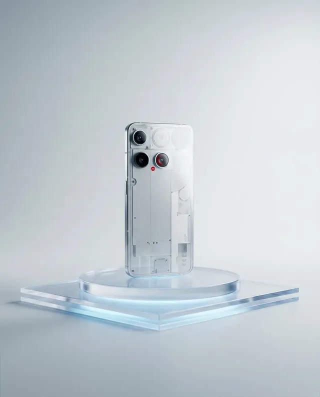 A sleek, transparent smartphone is showcased on a minimalist podium, emphasizing its modern design and advanced technology. The image combines a glossy finish with soft, neutral tones, evoking a futuristic and high-tech mood.