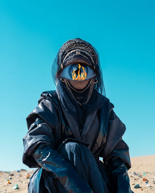 This editorial photograph features a figure draped in dark, reflective clothing with an oversized eye exhibiting flames, set against a bright blue sky. The surreal composition evokes a sense of intrigue and intensity, blending elements of fantasy and fashion.