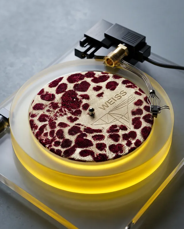 This striking editorial photograph features a unique turntable with a leopard-print design on its vinyl, exuding a vibrant, artistic flair. The dominant colors are rich burgundy and warm yellow hues, creating an inviting and luxurious mood.