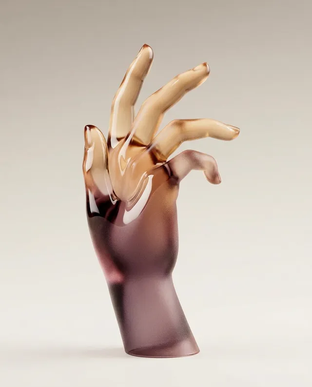 This is a hyper-realistic 3D rendering of a stylized glass hand, showcasing a dramatic interplay of amber and purple hues. The composition conveys a sense of fragility and elegance, emphasizing smooth contours against a soft, neutral background.