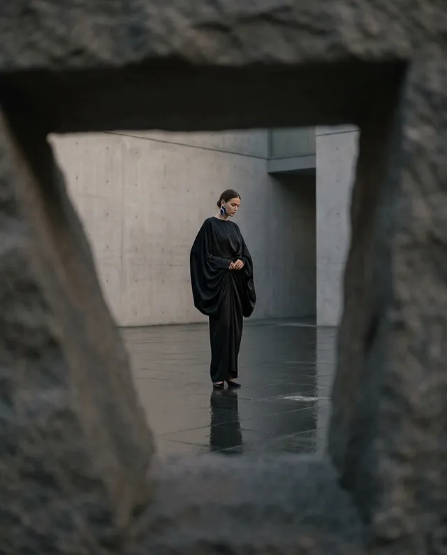 A striking editorial photograph features a model in a flowing black garment, framed by a textured stone opening against a minimalist concrete backdrop. The mood is contemplative, with a muted color palette dominated by deep grays and blacks.
