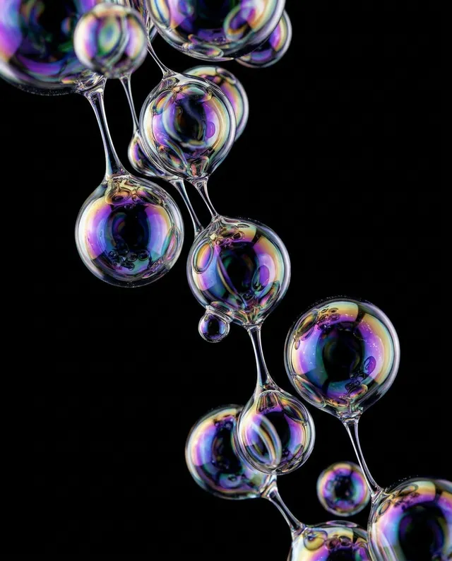 An abstract close-up of colorful soap bubbles against a black background, capturing their iridescent qualities and fluid shapes. The mood is surreal and the visual style is digital illustration.