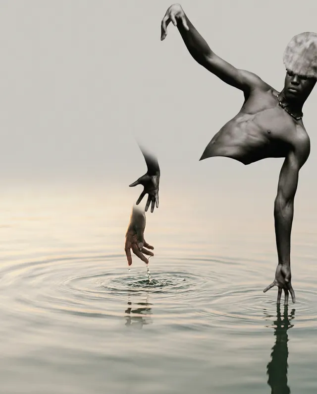 This is a surreal illustration featuring a human figure partially submerged in water, evoking a dreamlike quality. The dominant colors are muted earth tones with soft contrasts between the water and the figure.