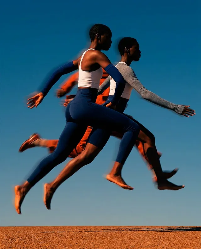 A dynamic editorial photograph captures a group of athletes in motion, showcasing their powerful strides against a vivid blue sky. The dominant colors are bold hues of blue and orange, evoking a sense of energy and movement.