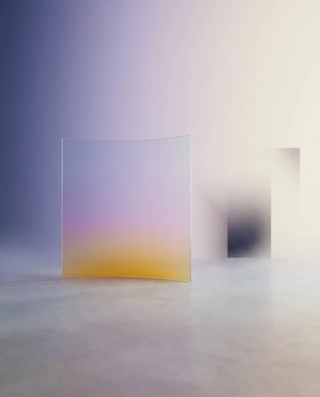 An ethereal digital illustration features a translucent, curved panel displaying a gradient of soft purple and yellow hues, set against a smooth, minimalist backdrop. The mood is serene and abstract, with a focus on light and color interplay.