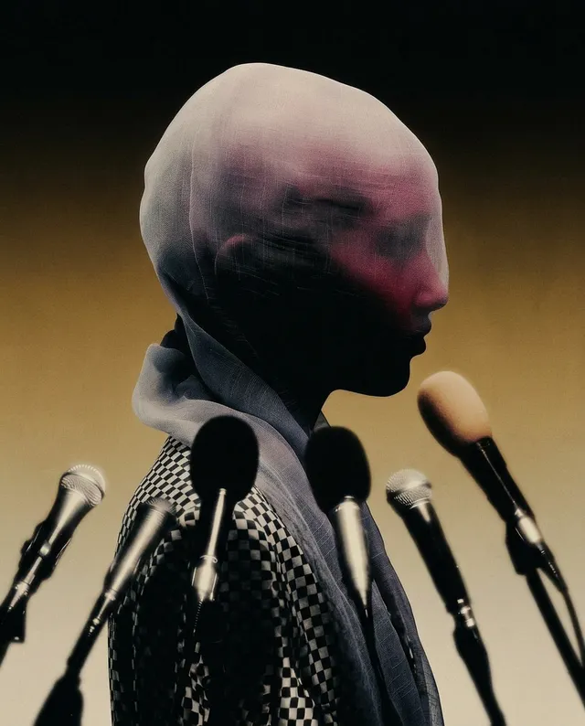 This editorial photograph features a figure with a veiled face, set against a gradient background, surrounded by microphones. The mood is mysterious and contemplative, with muted tones and a dominant emphasis on shadows and soft colors.