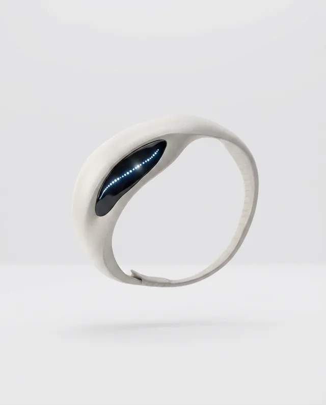 A sleek, futuristic wristband displays glowing blue lights against a minimalist white background, highlighting its innovative design. The image radiates a clean, modern aesthetic with an emphasis on technology and simplicity.