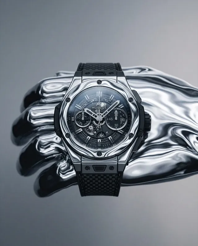 A sleek Hublot watch is displayed on a reflective, silver hand, showcasing its intricate design and modern aesthetics. The image features a high-contrast, editorial photography style with a dominant color palette of black and metallic silver, conveying a sophisticated and futuristic mood.