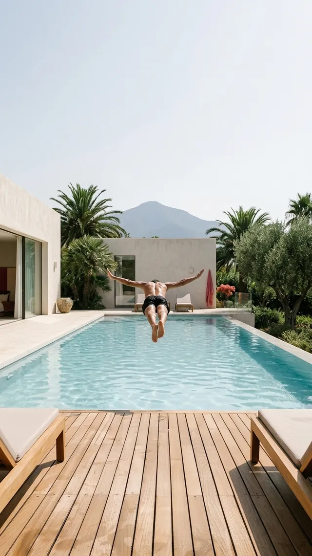 A sunlit editorial photograph captures a person diving into a serene, turquoise pool surrounded by lush greenery and palm trees, with a distant mountain adding a calming backdrop. The overall mood is refreshing and inviting, dominated by shades of blue and earthy tones.