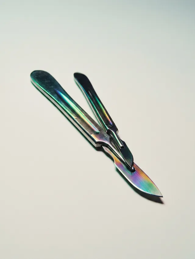 A pair of iridescent scalpels rests on a soft, neutral background, showcasing their intricate details and reflective surfaces. The image captures a clinical yet artistic mood, with a dominant palette of metallic tones and subtle highlights.