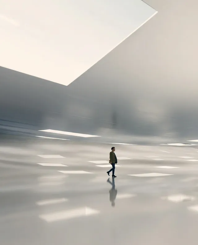 A solitary figure walks through a vast, reflective space characterized by minimalistic design and soft lighting, evoking a sense of serenity and contemplation. The dominant colors are muted whites and grays, enhancing the ethereal mood of the scene.