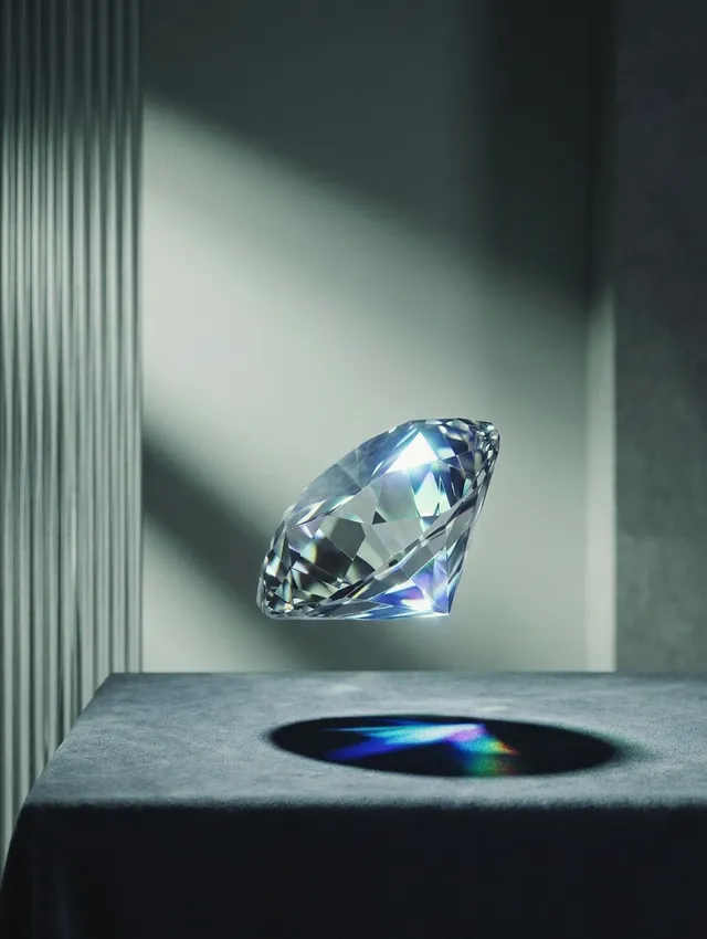 A striking editorial photograph of a levitating diamond, casting a colorful shadow on a textured surface. The composition features cool tones with an elegant interplay of light and shadow, creating a mood of luxury and sophistication.