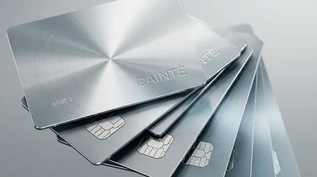 This editorial-style image features a stack of sleek, metallic gift cards with a brushed stainless steel finish, creating a modern and polished aesthetic. The cool color palette of silver and gray conveys a sense of sophistication and luxury.
