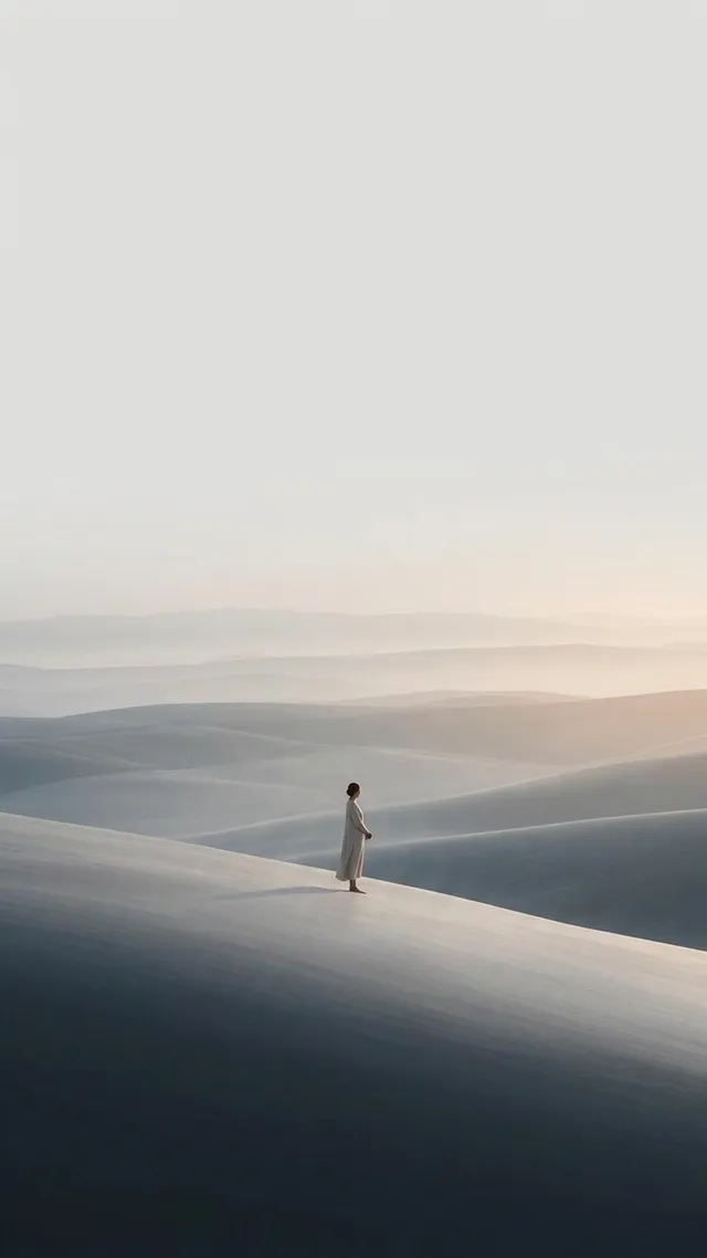 A serene landscape photo depicting a lone figure standing on rolling hills at sunrise, showcasing soft gradients of blue and warm orange tones.