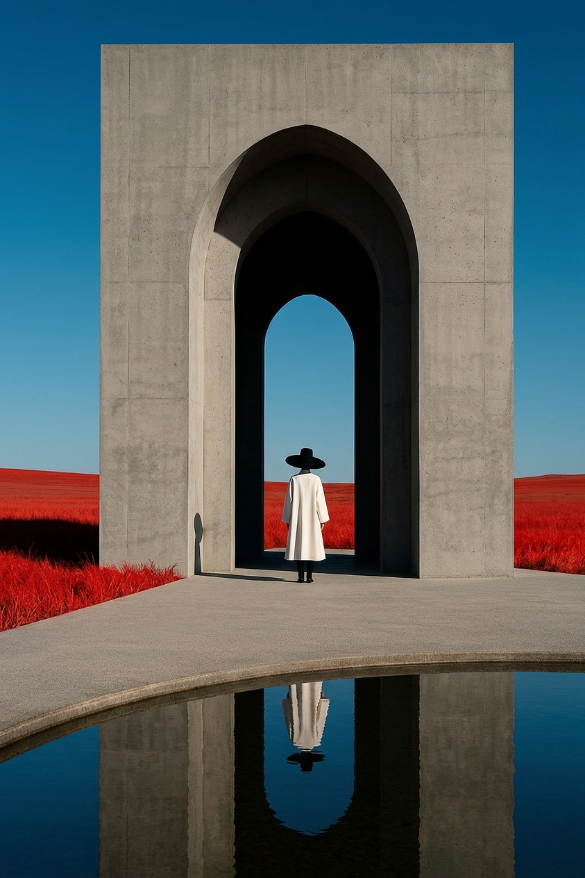 A solitary figure in a white coat and wide-brimmed hat stands before a stark concrete archway amidst a vibrant red landscape. The scene combines editorial photography with a surreal mood, featuring deep blue skies and bold contrasts between the natural and architectural elements.