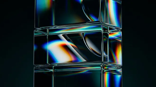 This illustration features an abstract arrangement of glass-like cubes that refract light, creating a spectrum of vibrant colors. The mood is modern and sleek, with a dominant palette of dark tones contrasted by iridescent highlights.