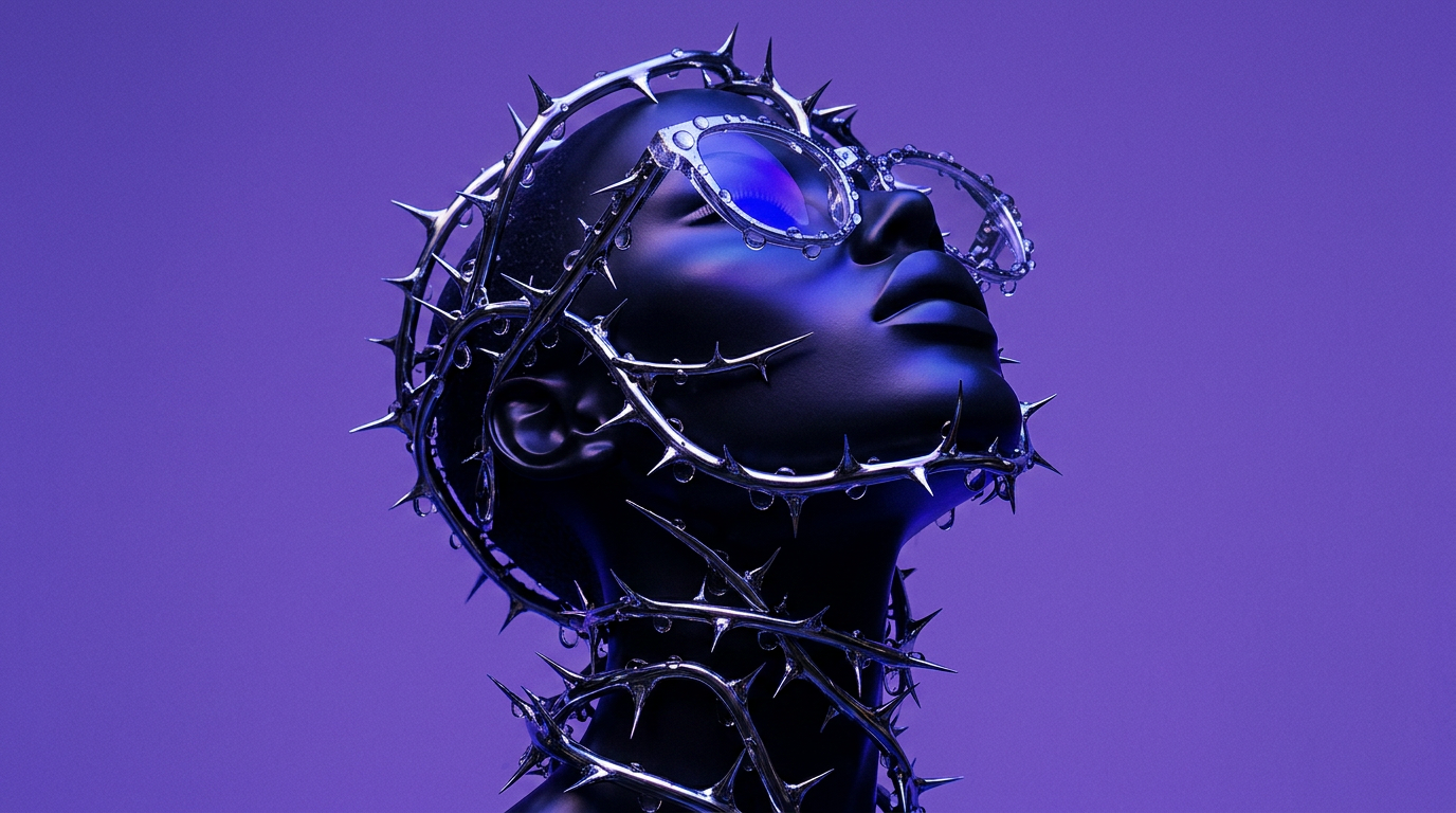 A striking editorial photograph features a mannequin adorned with intricate thorn-like jewelry and oversized sunglasses, set against a vivid purple backdrop. The mood is edgy and futuristic, highlighting the contrast between sleek elegance and sharp aggression.