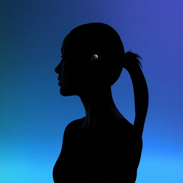 A striking silhouette of a person with a ponytail, wearing wireless earbuds, set against a gradient background of deep blue to purple. The minimalistic style evokes a modern, tech-inspired mood.