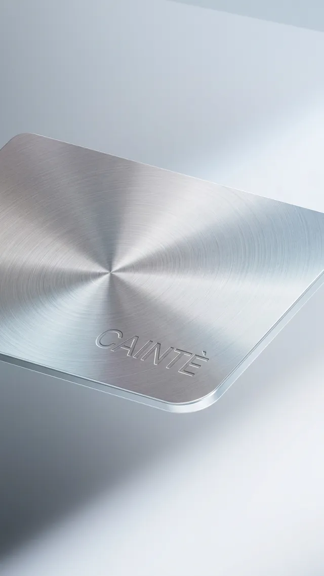 A sleek, polished metal surface with a subtle radial pattern, featuring the embossed logo "CAINTÉ." The image exudes a modern, minimalist aesthetic with a cool, silver color palette, creating a sophisticated and refined mood.
