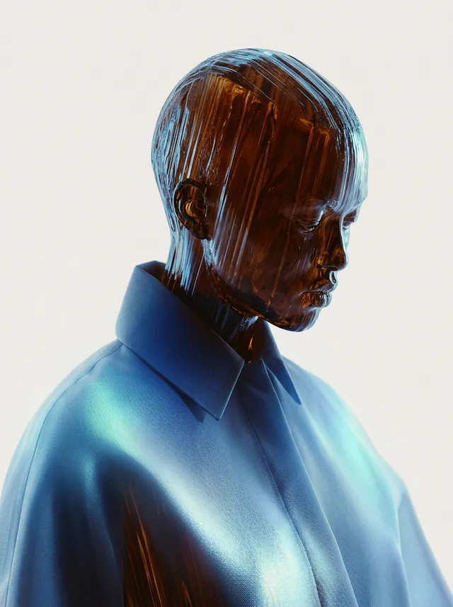 A glossy, abstract sculpture of a figure with a reflective, semi-transparent surface is presented against a minimalist backdrop. The image features a cool color palette dominated by blues and bronze, evoking a futuristic and contemplative mood.