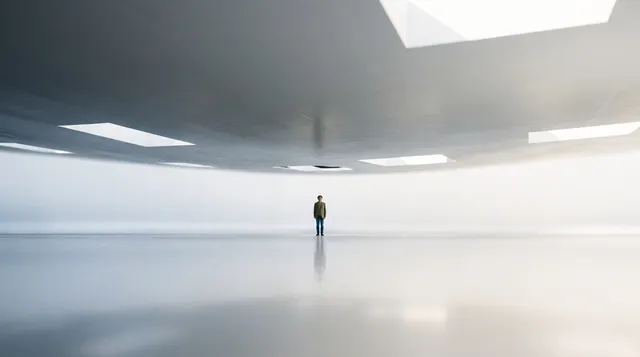 A solitary figure stands in a vast, minimalist space under an expansive, curved ceiling punctuated by square skylights. The image features a serene, modern aesthetic with cool tones and a reflective surface that evokes a sense of isolation and contemplation.