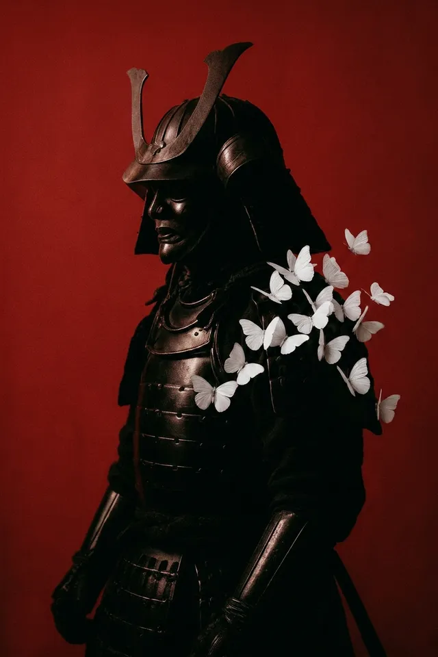 A striking digital illustration of a samurai in dark armor against a vivid red background, adorned with delicate white butterflies on his shoulder. The juxtaposition of the stern figure and the soft butterflies creates a surreal and contemplative mood.