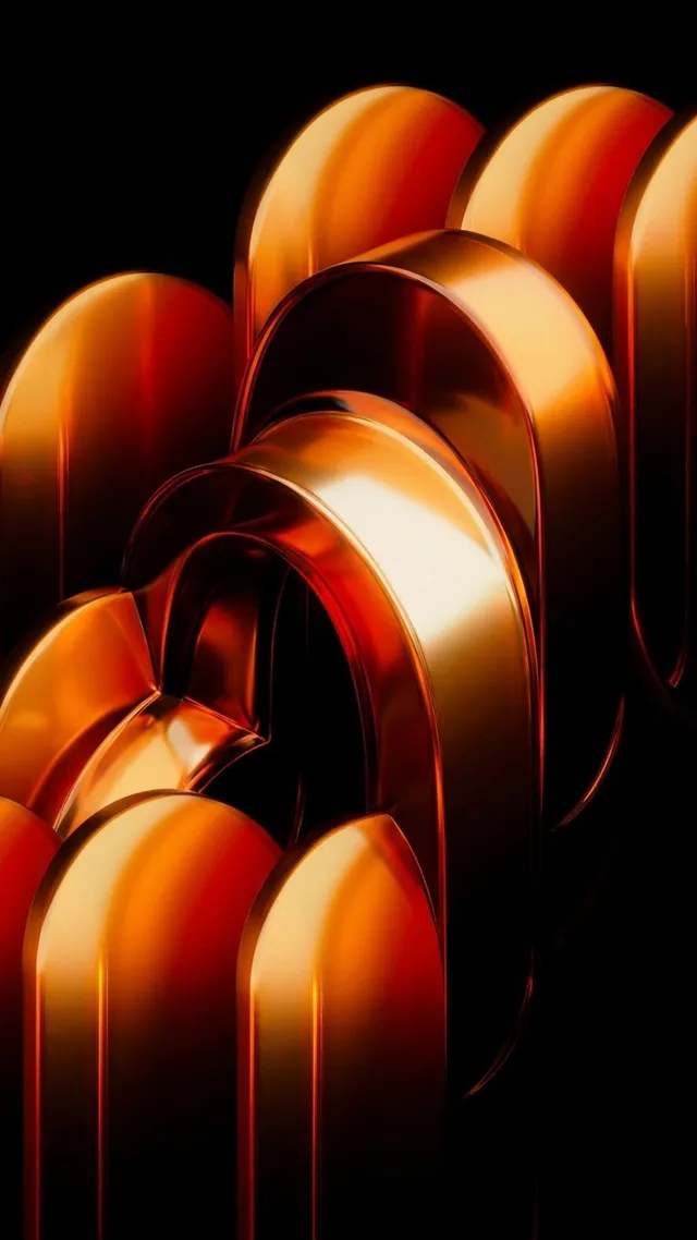 This image features abstract metallic shapes with a flowing form, exhibiting a warm color palette dominated by shades of orange and gold. The overall mood is luxurious and the visual medium appears to be a digital illustration.