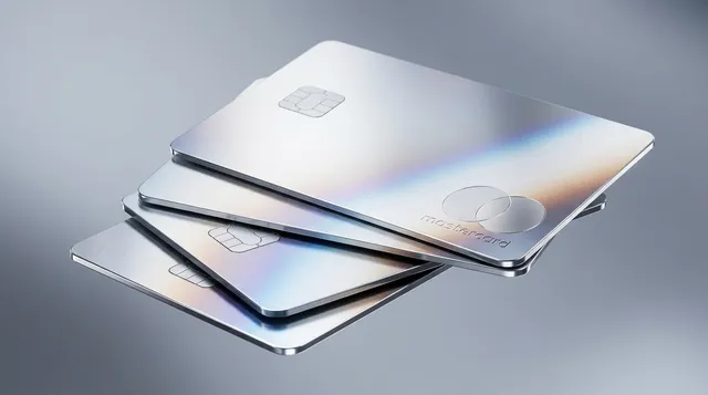 A sleek, editorial-style photograph showcases a stack of metallic credit cards with reflective surfaces, set against a soft, blurred background. The cool tones of silver and subtle iridescence convey a modern and sophisticated mood.