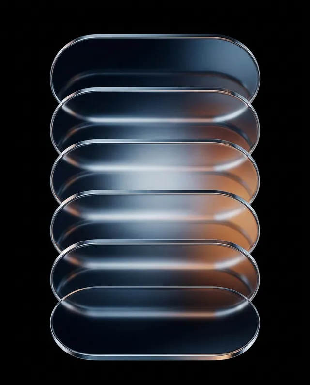 A sleek, modern digital illustration showcases a series of overlapping, translucent oval shapes with a gradient effect of dark blues and subtle warm hues, creating a futuristic and sophisticated mood. The design emphasizes clean lines and a minimal aesthetic against a stark black background.