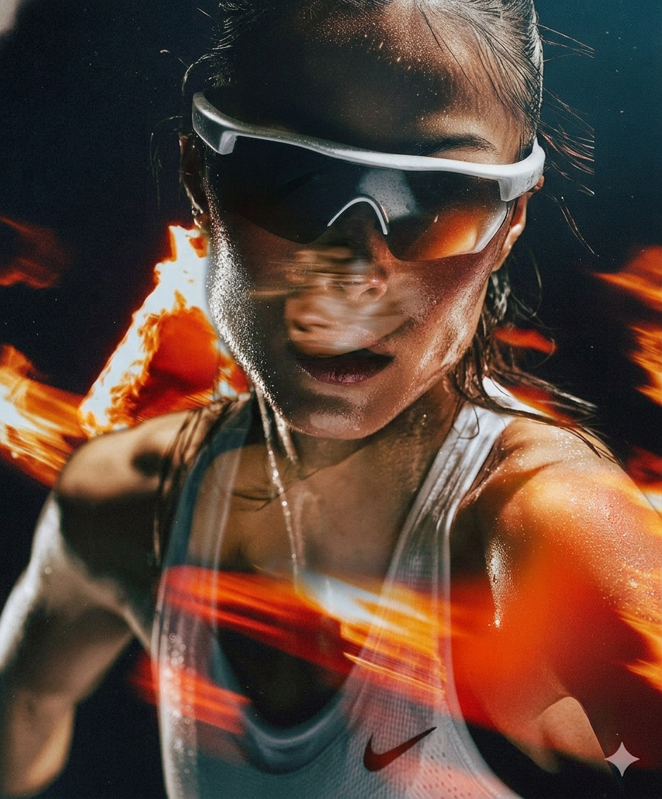 An intensely focused athlete with slicked-back hair and sunglasses emerges against a backdrop of dynamic flames, embodying a fierce, powerful mood. The image features high-contrast editorial photography, with dominant shades of orange, red, and cool tones from her attire and accessories.