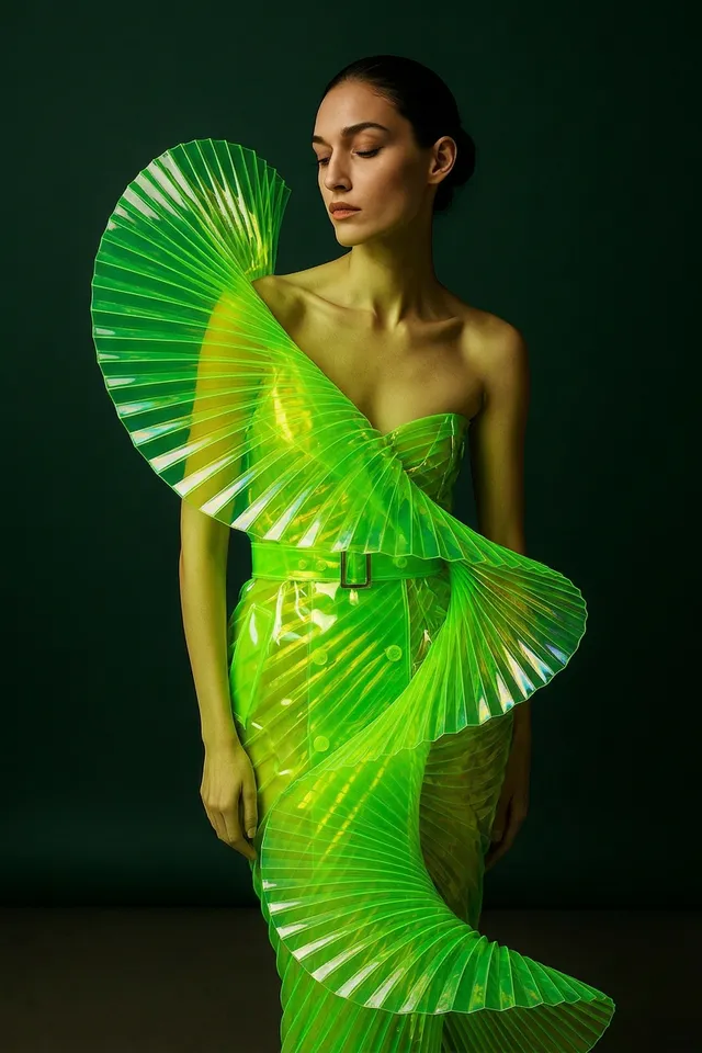 A model showcases a striking, futuristic dress made of translucent green material, accentuated by sculptural, fan-like elements. The editorial fashion photography features a rich green backdrop, creating a bold and avant-garde mood.