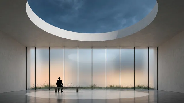 A serene architectural interior features a figure sitting on a minimalist bench beneath an expansive circular skylight. The illustration conveys a sense of calm and solitude, with muted tones of gray and soft pastel hues in the background.