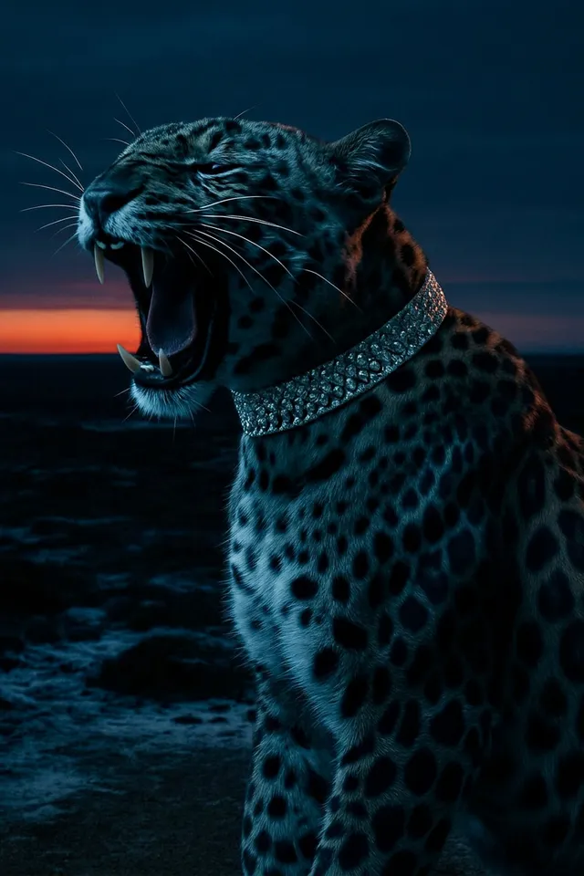 A striking editorial photograph featuring a fierce leopard with a shimmering diamond collar, set against a dramatic twilight backdrop. The moody atmosphere is enhanced by deep blues and blacks, contrasted with the leopard's vibrant fur and the sparkle of the collar.