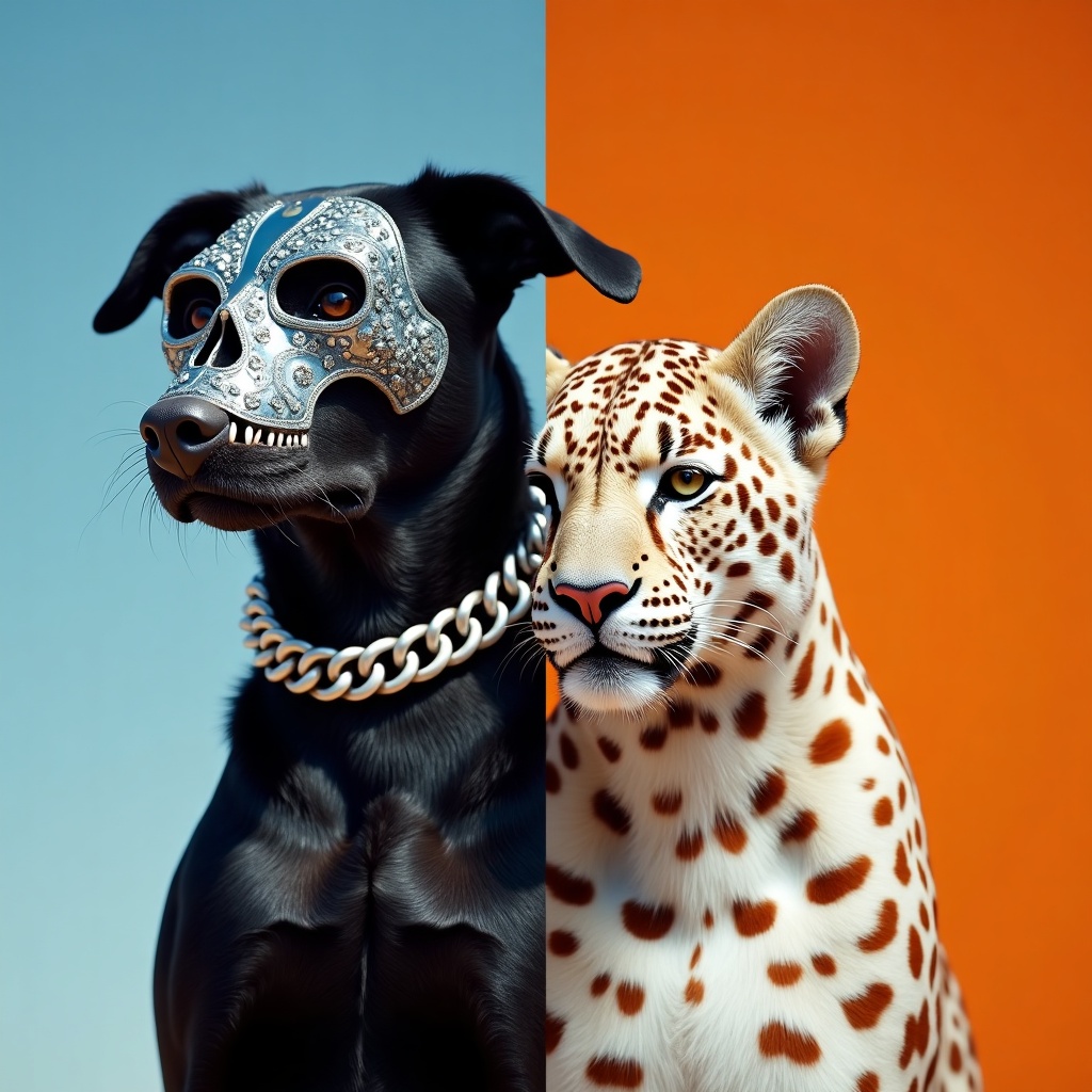 A striking digital illustration features a black dog wearing a decorative skull mask juxtaposed with a regal leopard, set against a split background of blue and vibrant orange. The artwork conveys a bold and surreal mood, enhanced by the contrasting colors and intricate details.