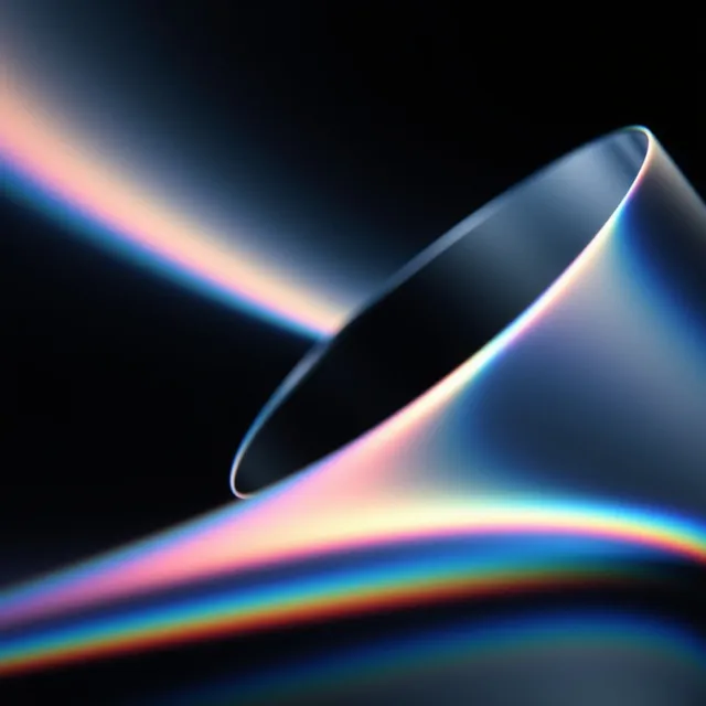 A sleek, abstract composition showcasing a circular metallic form emitting vibrant light rays in a spectrum of colors against a dark background. The mood is ethereal and modern, with a focus on smooth gradients and luminous hues.