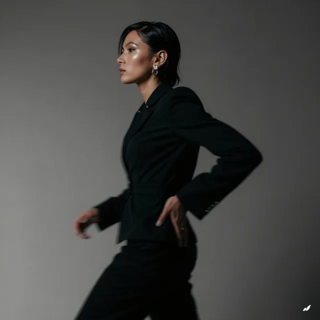 A stylish portrait in editorial photography featuring a confident woman in a tailored black suit, exuding sophistication and strength. The mood is sleek and modern, with a predominantly dark color palette and subtle highlights enhancing her features.