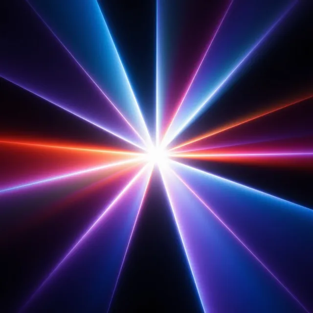 A vibrant digital illustration featuring radiant beams of light converging at a central point, creating a dynamic and futuristic starburst effect. The dominant colors include vivid blues, purples, and reds against a dark background, evoking a sense of energy and excitement.