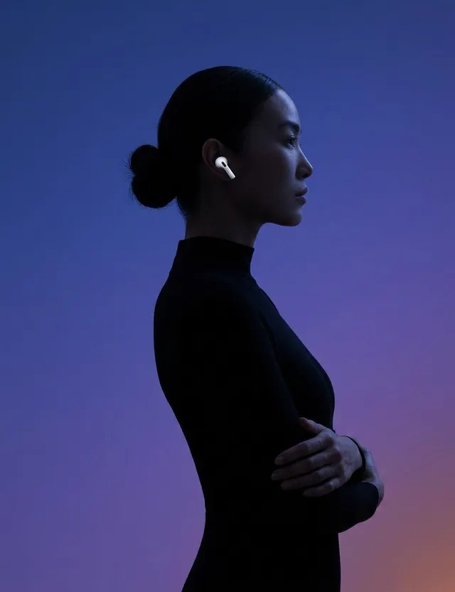 A profile silhouette of a woman in a sleek black outfit against a vibrant gradient background of deep blue and subtle purple hues. The image conveys a calm and modern mood, highlighting the wireless earbuds she is wearing.