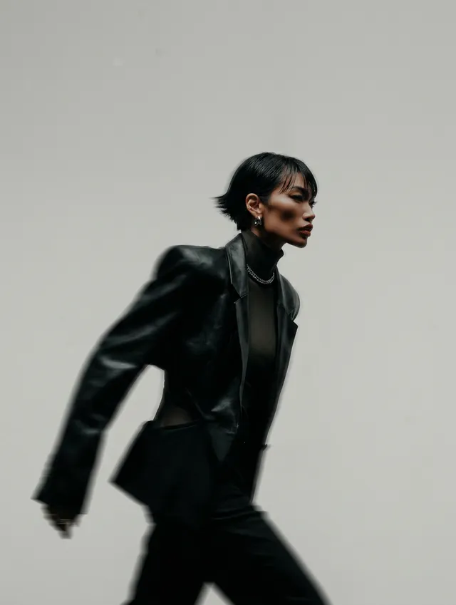 A fashion editorial photograph featuring a model in a sleek black outfit, captured in motion against a minimalist grey background. The image exudes a moody and sophisticated vibe, highlighted by the use of dark tones and sharp contrasts.