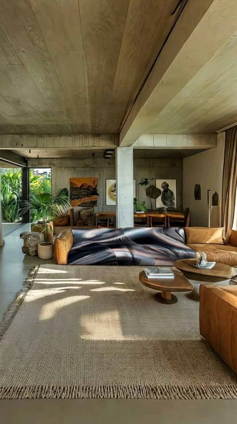 A modern, stylish living room featuring warm earthy tones, with a prominent abstract rug that creates a striking visual contrast. The space exudes a relaxed, inviting atmosphere, accentuated by natural light and lush greenery.