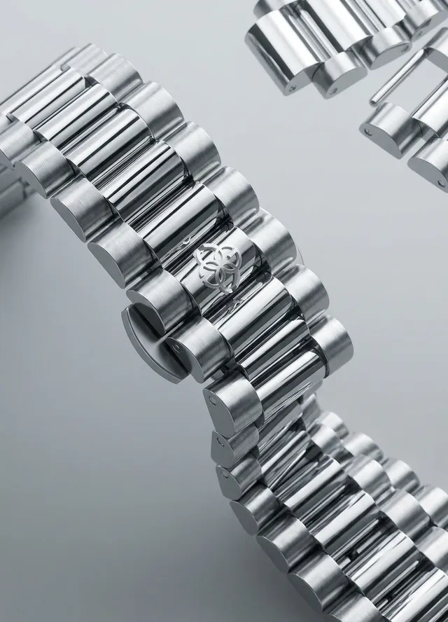This sleek editorial photograph showcases a gleaming metallic watch bracelet, highlighting its intricate design and modern elegance. The dominant silver tones and minimalist backdrop convey a sense of sophistication and luxury.
