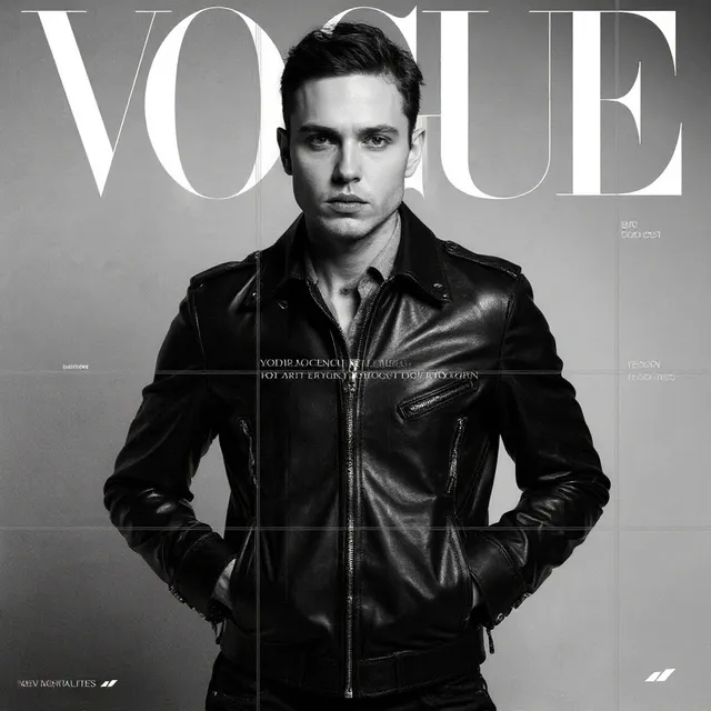 A striking black-and-white editorial photograph features a male model in a leather jacket, exuding confidence and sophistication. The dominant tonal contrasts create a bold, dramatic mood, highlighted by the iconic Vogue branding.