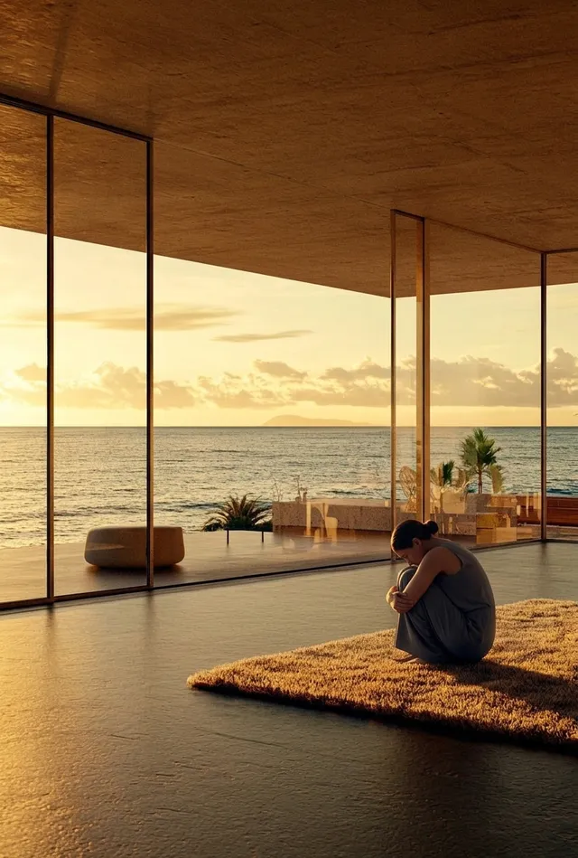 A serene editorial photograph captures a solitary figure sitting on a plush rug in a modern, sunlit interior with expansive glass walls overlooking a tranquil seaside sunset. The warm tones of the golden hour dominate the scene, creating a contemplative and calm atmosphere.