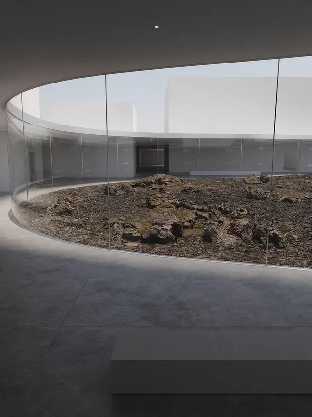 A minimalist architectural space features a curved glass wall overlooking a rocky landscape, blending nature with modern design. The muted color palette includes soft grays and earthy tones, evoking a serene and contemplative mood.