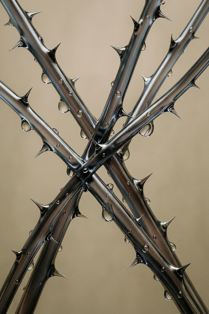 This editorial photograph features sharp, metallic thorns interwoven in an intricate pattern, accented by glistening water droplets. The muted, beige background enhances the stark contrast of the shiny silver and dark elements, evoking a mood of beauty intertwined with danger.