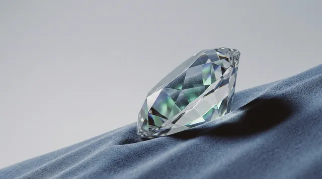 A gleaming diamond is elegantly positioned on a soft, blue velvet surface, captured in a high-resolution editorial photography style. The image exudes a luxurious and sophisticated mood, with the diamond's facets reflecting a spectrum of colors against the serene backdrop.