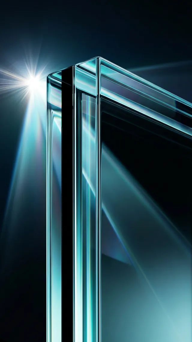 A sleek, modern digital artwork featuring sharp, transparent glass-like structures illuminated by a focused beam of light. The composition conveys a sense of sophistication and clarity, with dominant hues of blue and subtle reflections.