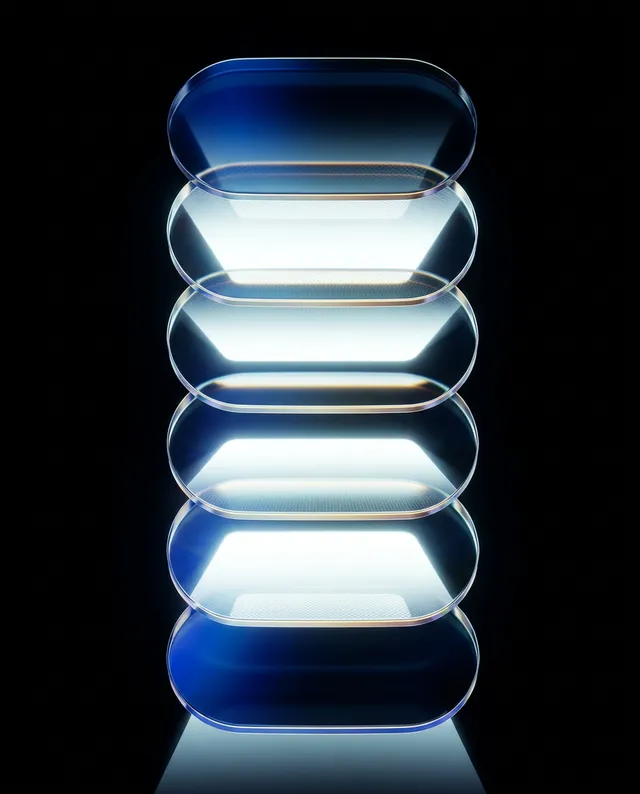 A captivating editorial photograph features a stack of translucent, oval shapes illuminated from within, creating a modern, minimalist aesthetic. The dominant colors are cool blues and vibrant whites against a stark black background, evoking a sense of serenity and sophistication.