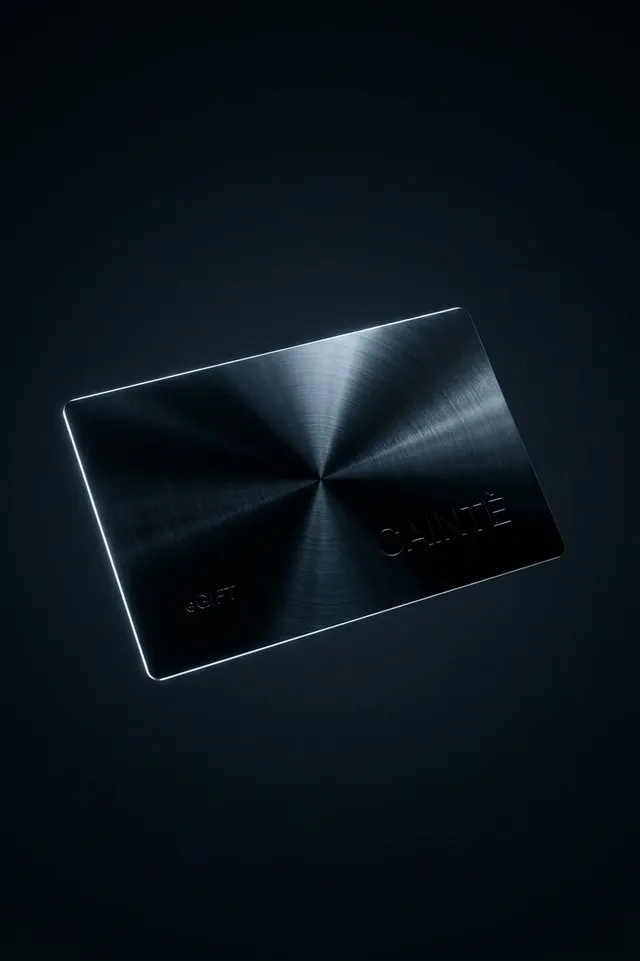 A sleek, metallic gift card with a brushed finish sits against a dark, minimalist background, conveying a sense of luxury and sophistication. The dominant hues are deep blacks and metallic silvers, creating a moody and elegant atmosphere.