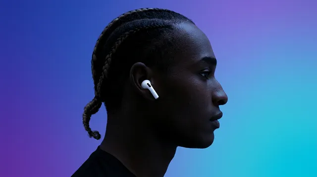 A profile portrait of a person wearing AirPods against a vibrant gradient backdrop of purple and turquoise. The image conveys a sleek, modern aesthetic, highlighting the subject's cool demeanor and contemporary style.